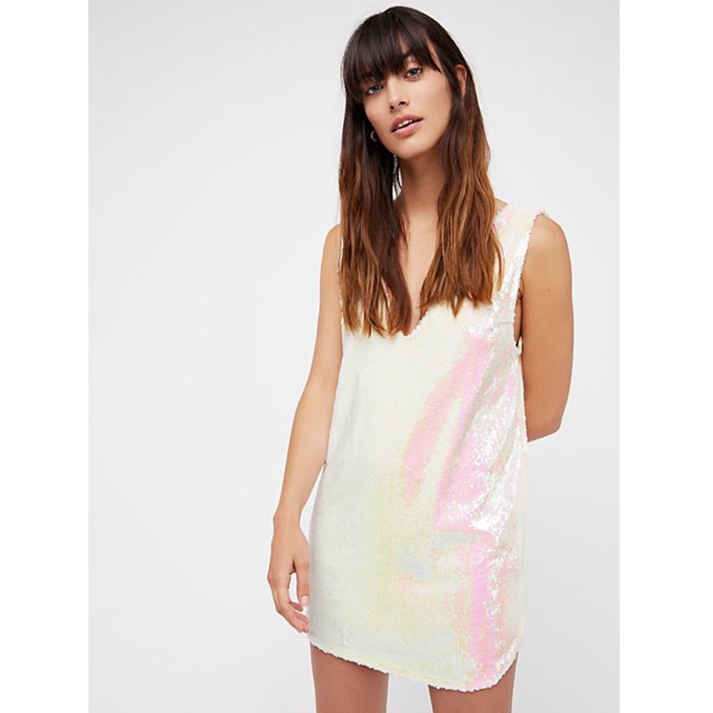 Free People White Embellished Sequin Shift Dress